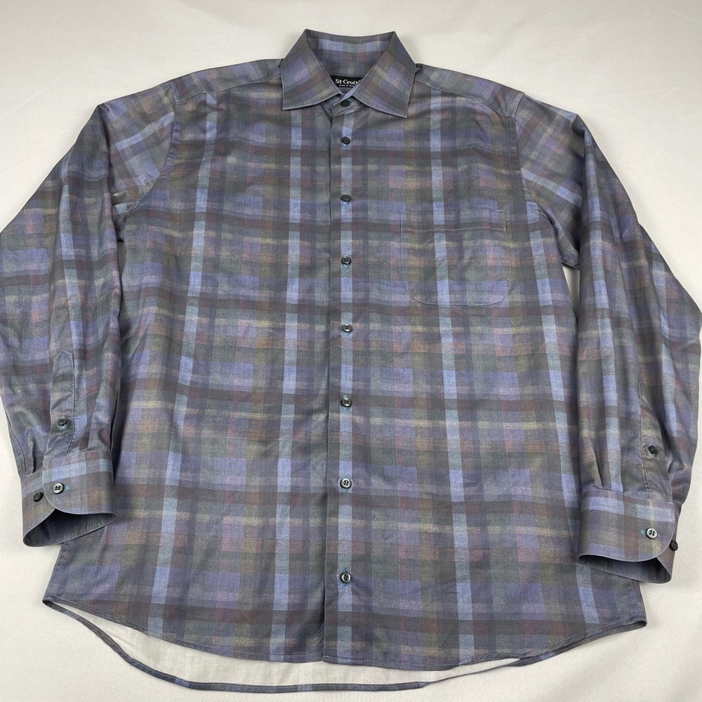 St Croix Mens Plaid Button Down Shirt Medium 15 15.5 Blue Cotton Made in Italy